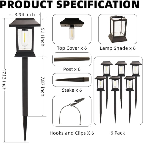 6 Pack Solar Pathway Lights Outdoor Waterproof, Dual-Use Stake & Hanging Lantern, 17 Inch ABS Warm White 3000K, 1000mAh Ni-MH Battery & Monocrystalline Panel, Auto On/Off for Garden Yard Walkway