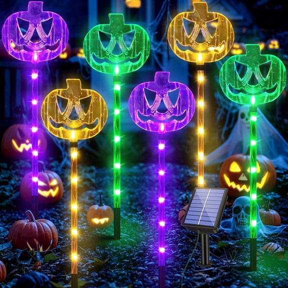 6 Pack Solar Pumpkin Stake Lights for Halloween Decorations Outdoor, Waterproof Solar Halloween Lighted Pumpkin Pathway Lights for Garden Yard Patio Porch Pathway Grave