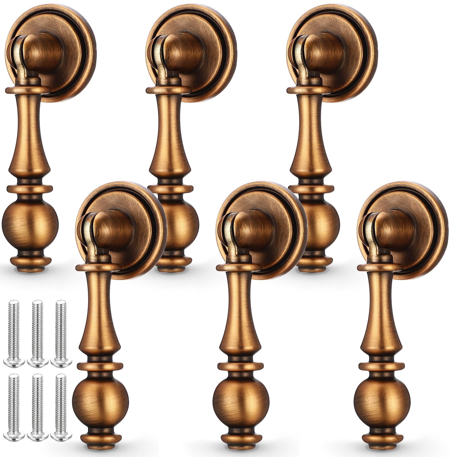 6 Pack Solid Brass Drop Cabinet Pulls 2.5 Inch, Brushed Gold Cabinet Knobs for Dresser and Drawers, Decorative Vintage Brass Cupboard Knob Durable Pendant Knobs for Kitchen Cabinets Wardrobe