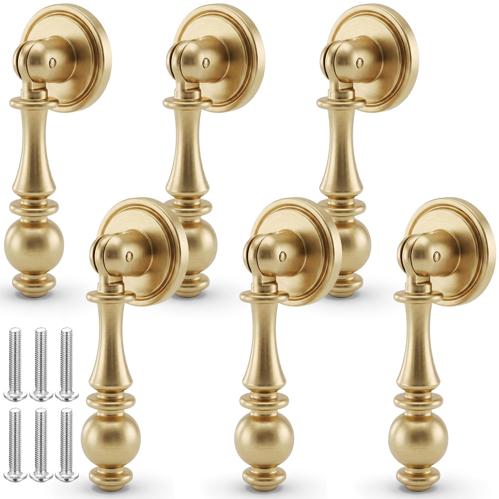 6 Pack Solid Brass Drop Cabinet Pulls 2.5 Inch, Brushed Gold Cabinet Knobs for Dresser and Drawers, Decorative Vintage Brass Cupboard Knob Durable Pendant Knobs for Kitchen Cabinets Wardrobe