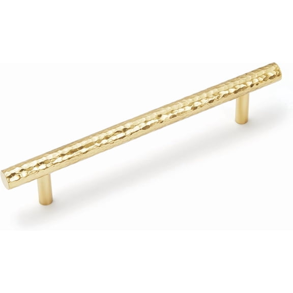 6-Pack Solid Brass Kitchen Cabinet Pulls, Gold Modern T-Bar Handles, 5-Inch Hole Center Hammered Handles for Dresser Drawer Cupboard, 6-7/8 Inch Total Length, Polished Finish