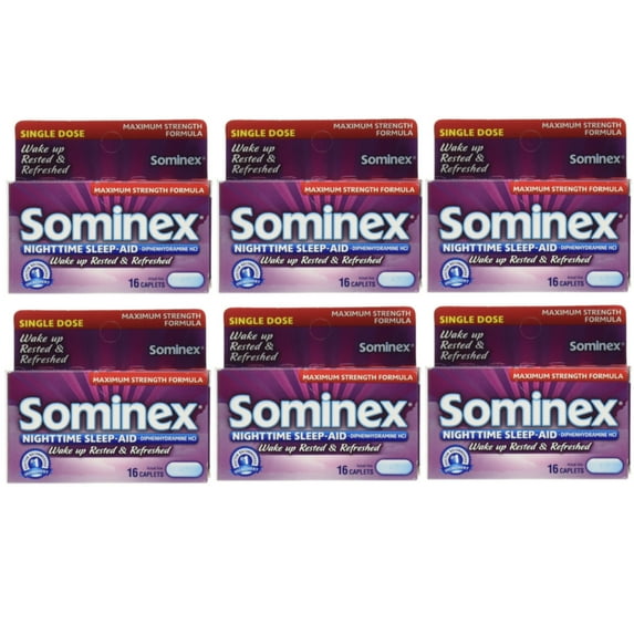 6 Pack Sominex Nighttime Sleep-Aid Maximum Strength 16 Caplets Each
