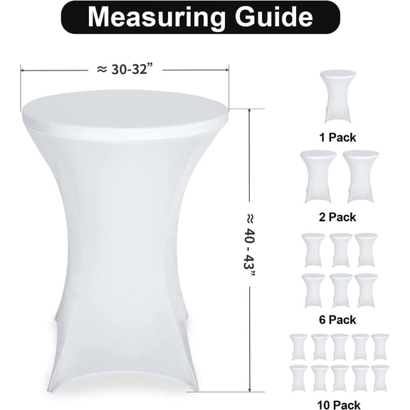 6 Pack Spandex Table Cover, Cocktail Fitted Tablecloths, Round Highboy Stretch Table Covers Cloths for Party, DJ, Bar, Wedding, Birthday, Banquet, White, 30"-32" Diameter x 40"-43" Height
