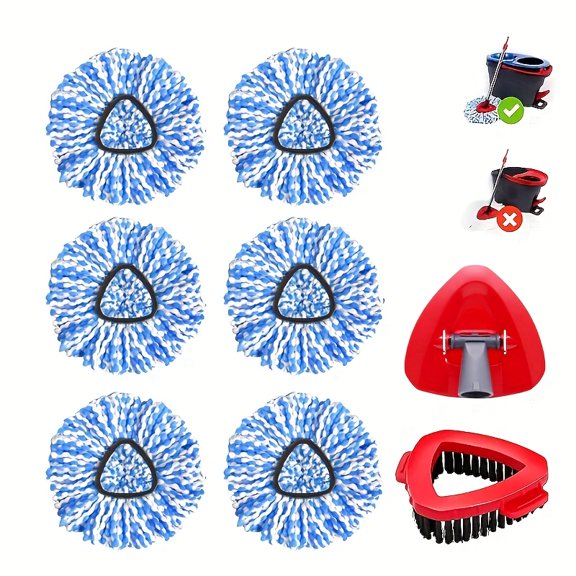 6 Pack Spin Mop Replacement Head Blue, 1*Scrub Brush And 1*Base, Microfiber Spin Mop Head, Machine Washable, Deep Cleaning For Floor, House, Kitchen