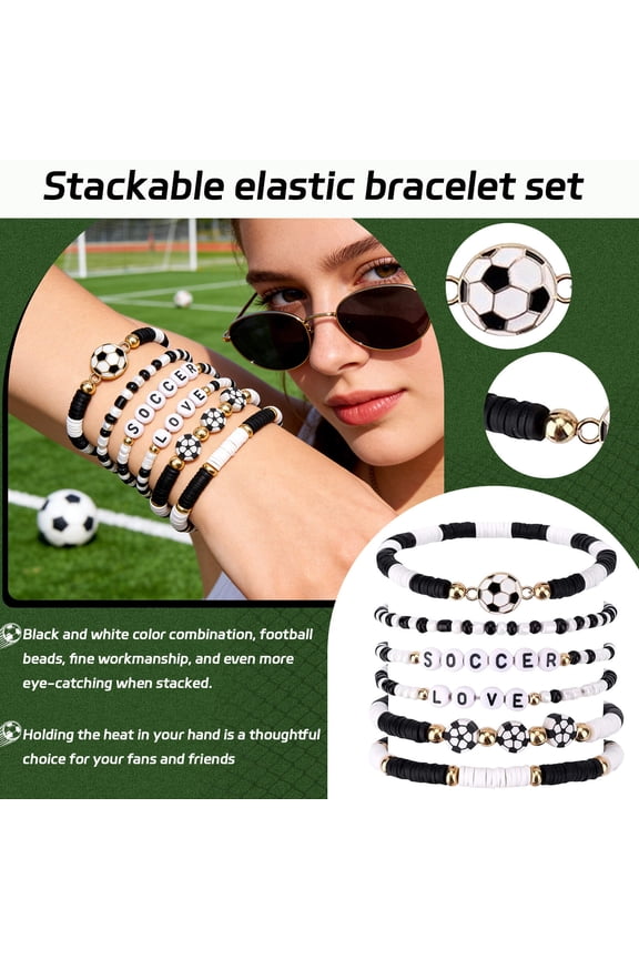 6 Pack Sports Bracelets , 2026 Soccer Bracelets for Game Day ,Beaded Stretchy Bracelet Stack Jewelry Team Gift for Players Fans, Sports Party Favors