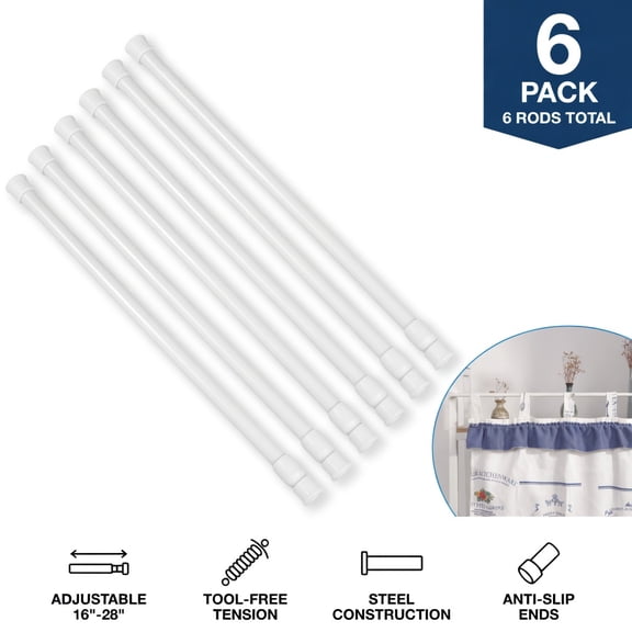6 Pack Spring Tension Curtain Rods 16"-28" Adjustable Steel Window Security Bars 0.5" Dia for Cupboard Closet White