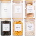 thumbnail image 1 of 6 Pack Square Kitchen Storage Jars with Airtight Bamboo Lids and 132 Pantry Labels - 35oz Glass Canisters With Wood Lids - Food Storage Containers for Coffee, Cookie, Tea, Spice, 1 of 7