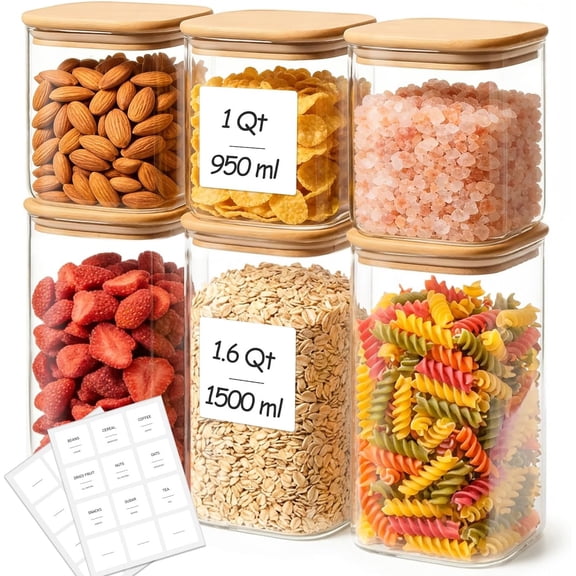 6-Pack Square Glass Pantry Storage Containers with , Airtight Stackable Pantry Organization and Storage Set (1.6 Qt/1 Qt) for Snacks, Cereal & Coffee