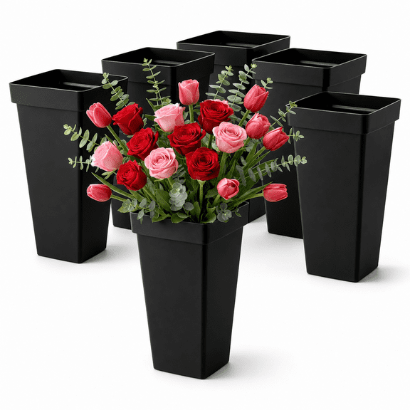 6 Pack Square Plastic Flower Buckets 13.25" Black Floral Arranging Supplies