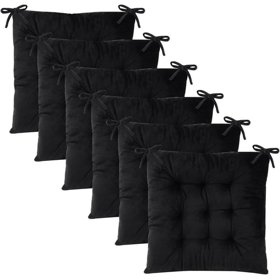 6 Pack Square Seat Cushion Chair Pads for Kitchen Dining Chairs, Soft Comfort Velvet Chair Mat Pillow Cushions with Ties for Office Desk Living Room Tatami 15.5", Black