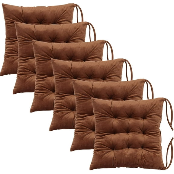 6 Pack Square Seat Cushion Chair Pads for Kitchen Dining Chairs, Soft Comfort Velvet Chair Mat Pillow Cushions with Ties for Office Desk Living Room Tatami 15.5", Coffee