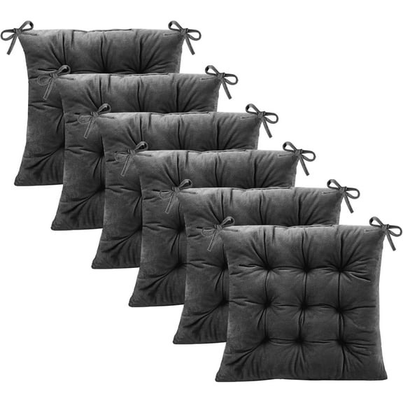 6 Pack Square Seat Cushion Chair Pads for Kitchen Dining Chairs, Soft Comfort Velvet Chair Mat Pillow Cushions with Ties for Office Desk Living Room Tatami 15.5", Dark Gray