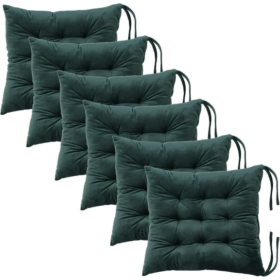 6 Pack Square Seat Cushion Chair Pads for Kitchen Dining Chairs, Soft Comfort Velvet Chair Mat Pillow Cushions with Ties for Office Desk Living Room Tatami 15.5", Dark Green