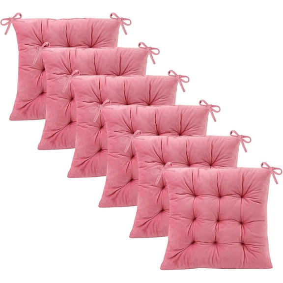 6 Pack Square Seat Cushion Chair Pads for Kitchen Dining Chairs, Soft Comfort Velvet Chair Mat Pillow Cushions with Ties for Office Desk Living Room Tatami 15.5", Pink