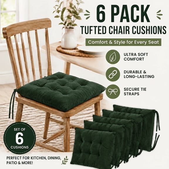 6-Pack Square Seat Cushion Chair Pads for Kitchen Dining Chairs, Soft Comfort Velvet Chair Mats with Ties for Office Desk Living Room Tatami