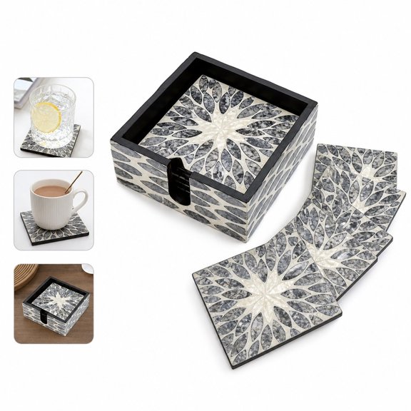 6 Pack Square Shell Coasters Set with Storage Box, Heat-Resistant Cup Mats with Mother of Pearl Inlay for Coffee Table, Dining Table