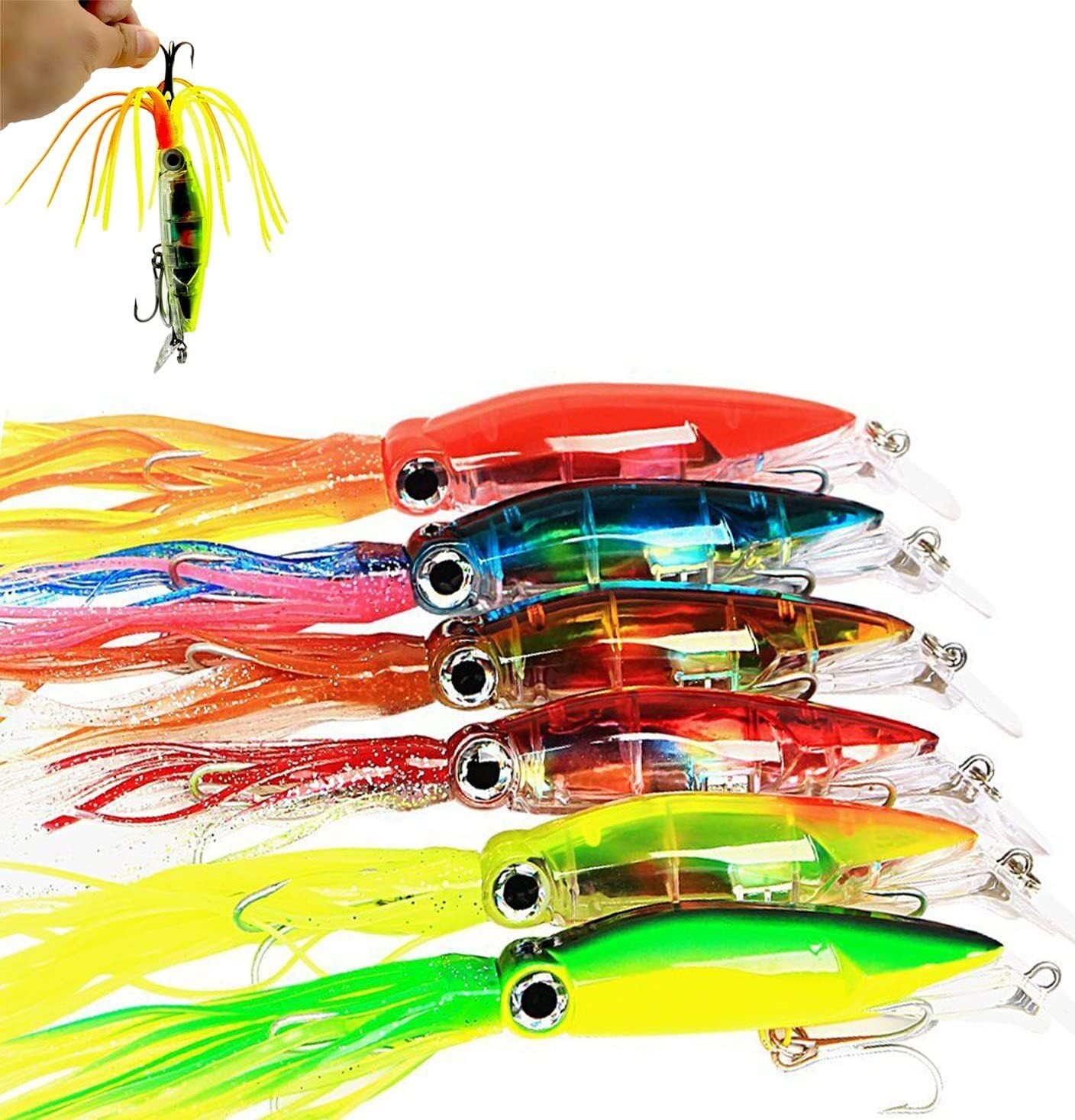 6 Pack Squid Skirts Fishing Lures 1.4 OZ/5.1 IN Octopus Bait with 2 Treble Hooks