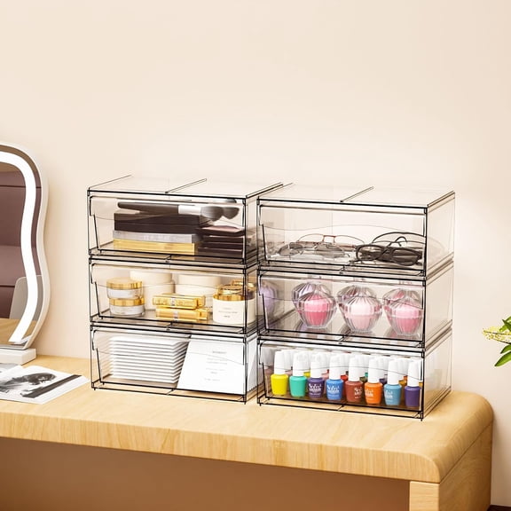 6 Pack Stackable Acrylic Storage Drawers, 12 Inch Large Makeup Organizer for Bathroom Desk Vanity Under Cabinet