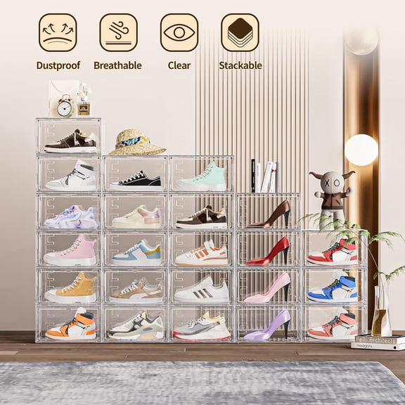 6-Pack Stackable Clear Shoe Boxes – Heavy Duty Hard Plastic Organizer for Closet and Space-Saving Storage