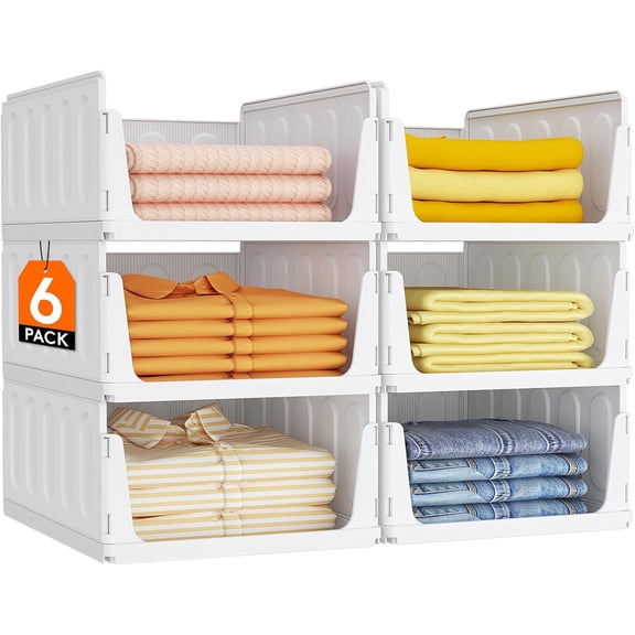 6 Pack Stackable Closet Organizers for Shelf, Plastic Clothes Storage Basket Bins for Wardrobe, Multifunctional Stacking Sweater Containers for Shelves, RV, Pantry, Kitchen, Dorm, 12.6" Wide