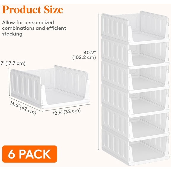 6 Pack Stackable Closet Organizers and Storage Basket for Clothes, Plastic Sweater Storage Bins for Wardrobe, Multifunctional Pants Organizer for RV, Pantry, Bathroom, Kitchen, Dorm, 24L