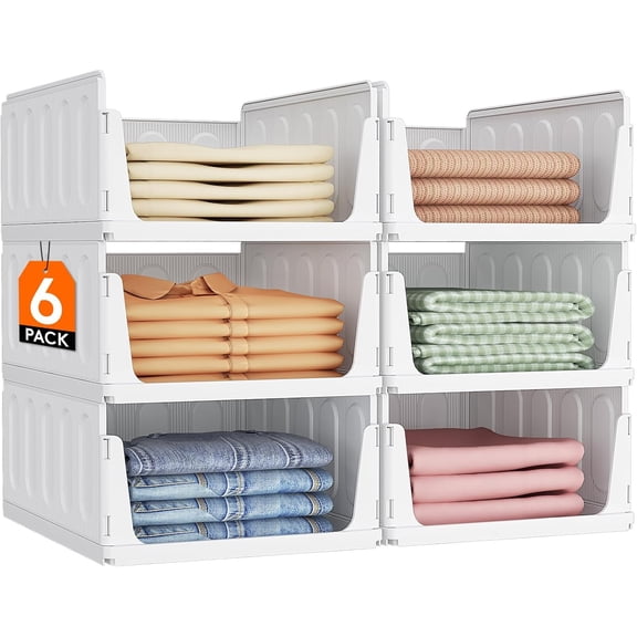 6 Pack Stackable Closet Organizers and Storage Basket for Clothes, Plastic Sweater Storage Bins for Wardrobe, Multifunctional Pants Organizer for RV, Pantry, Kitchen, Dorm, 16.5" Depth