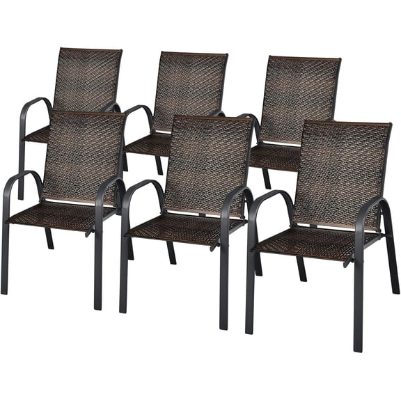 6 Pack Stackable Dining Chairs Outdoor PE Wicker Patio Arm Chairs with Rustproof Steel Frame, Bistro Deck Chairs for Backyard Garden and Poolside