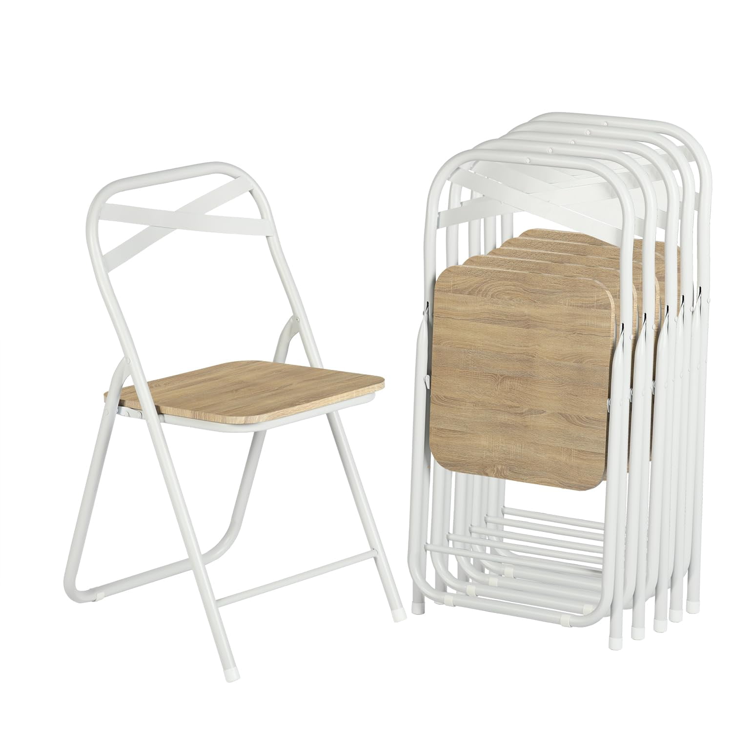 6-Pack Stackable Folding Metal Chairs, Light Oak Finish, Waterproof Padded PVC Seat, No Assembly, Portable Chairs for Office Conference Party Indoor Outdoor