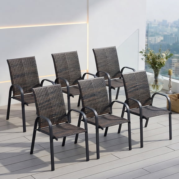 6-Pack Stackable Outdoor Dining Chairs All-Weather PE Wicker & Rustproof Steel Frame, Brown/Grey Mix, 350 lb Capacity, Patio, Garden & Poolside Use