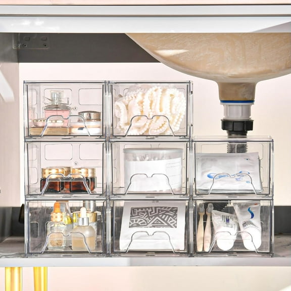 6 Pack Stackable Plastic Drawers, Acrylic Storage Bins for Fridge, Makeup, Cosmetic & Home Organization
