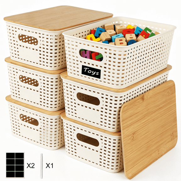 6 Pack Stackable Plastic Storage Baskets with Bamboo Lids, Storage Containers for Organizing Shelves, Drawers, Desktop, Closet, Office & Classroom, Includes Labels & Pen