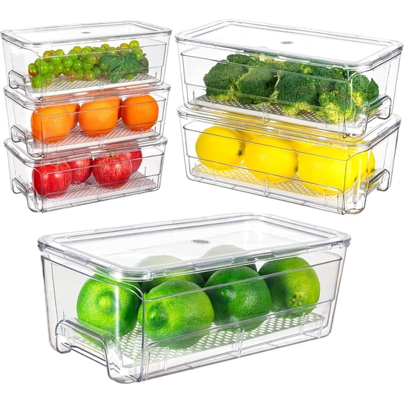 6 Pack Stackable Pull-Out Fridge Organizer Drawers, Clear Refrigerator Drawer with Lids, Fridge Stackable Storage Drawers for Veggies, Fruits, Food Storage and Organizer