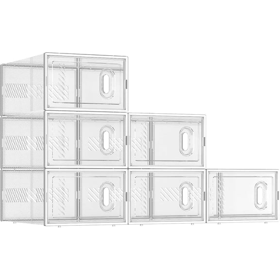 6 Pack Stackable Shoe Storage Boxes Fit Size 9, Thickened Clear Shoe Box Bins with Lids, Plastic Foldable Shoe Rack Organizer Sneaker Storage Containers (Large, White)