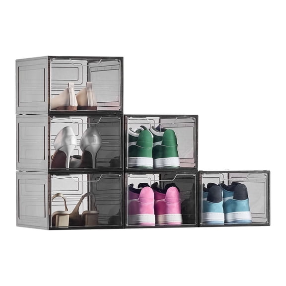 6 Pack Stackable Shoe Storage Boxes - Fits US Men Size 13, Clear Front with Black Lid, Visible Closet Organizers for Sneakers, Boots, Heels | Durable Plastic Drop-Front Design