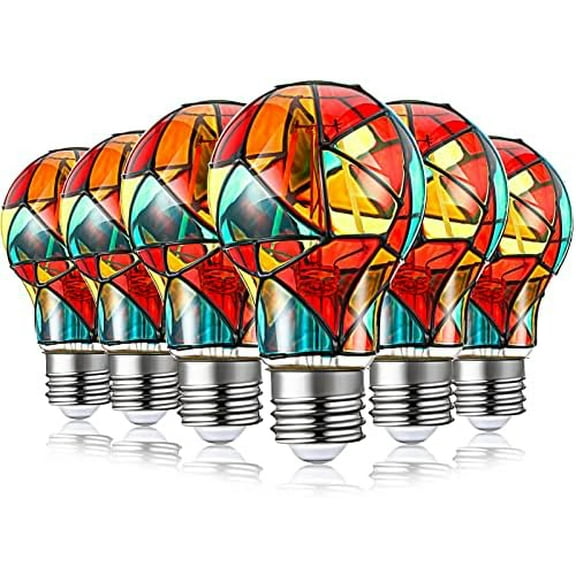 6 Pack Stained Glass Light Bulbs A19 2w (25w Equivalent) E26 Base Rainbow Painted Lightbulb LED Mosaic Stained Glass Lightbulb Multi Colored Colorful Light Bulbs for Home Party Decoration