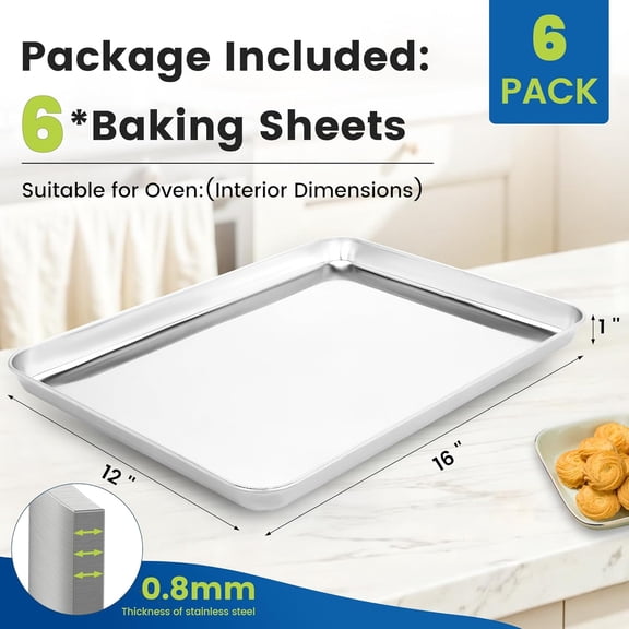 6 Pack Stainless Steel Baking Sheet Pans, 16" L × 12" W × 1" H Cookie Sheets for Toaster Oven, Rust-Resistant, Dishwasher Safe