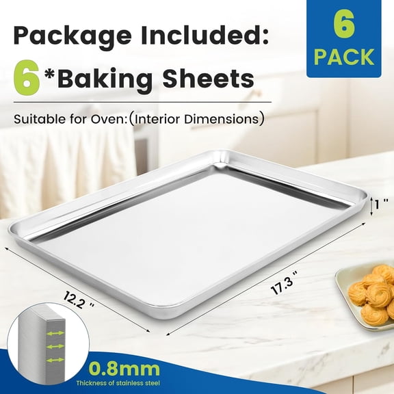 6 Pack Stainless Steel Baking Sheet Pans, 17.3" L × 12.2" W × 1" H Cookie Sheets for Toaster Oven, Rust-Resistant, Dishwasher Safe
