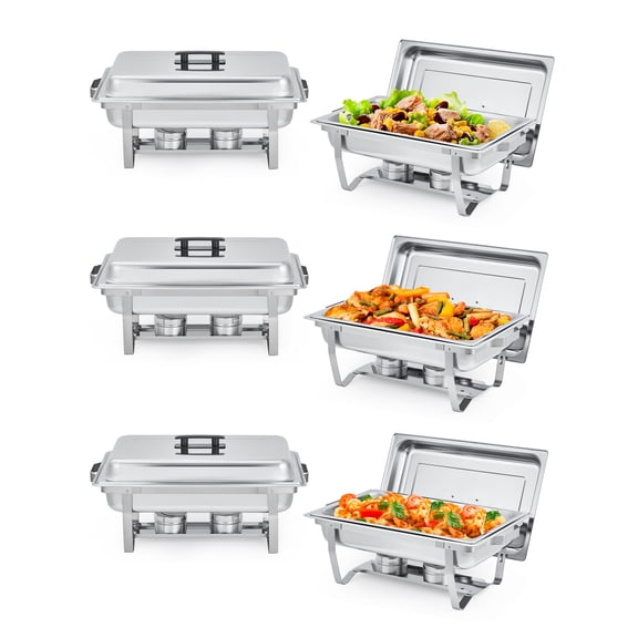 6 Pack Stainless Steel Food Warmer Rectangular Chafing Dish - Insulated Buffet Server, Thick Stainless Steel, Corrosion Resistant, Heat Resistant Handles, Stackable Food Pans