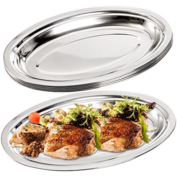 6 Pack Stainless Steel Oval Platter, Heavy Duty Mirror Polish Large Sizzling Platter Serving Tray Fish Plate for Steaming Fish Dessert Meat Sushi, 14-Inch by 8.7-Inch, Silver
