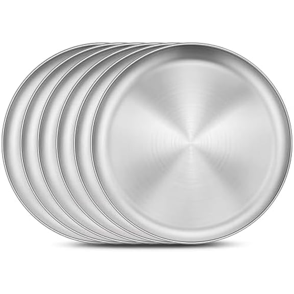 6 Pack Stainless Steel Plates, Metal Kids Toddler Dinner Plate Set Non Toxic, 9 Inch Round Camping Plates for Serving Dishes Dessert Salad, Unbreakable & Reusable, Dishwasher Safe