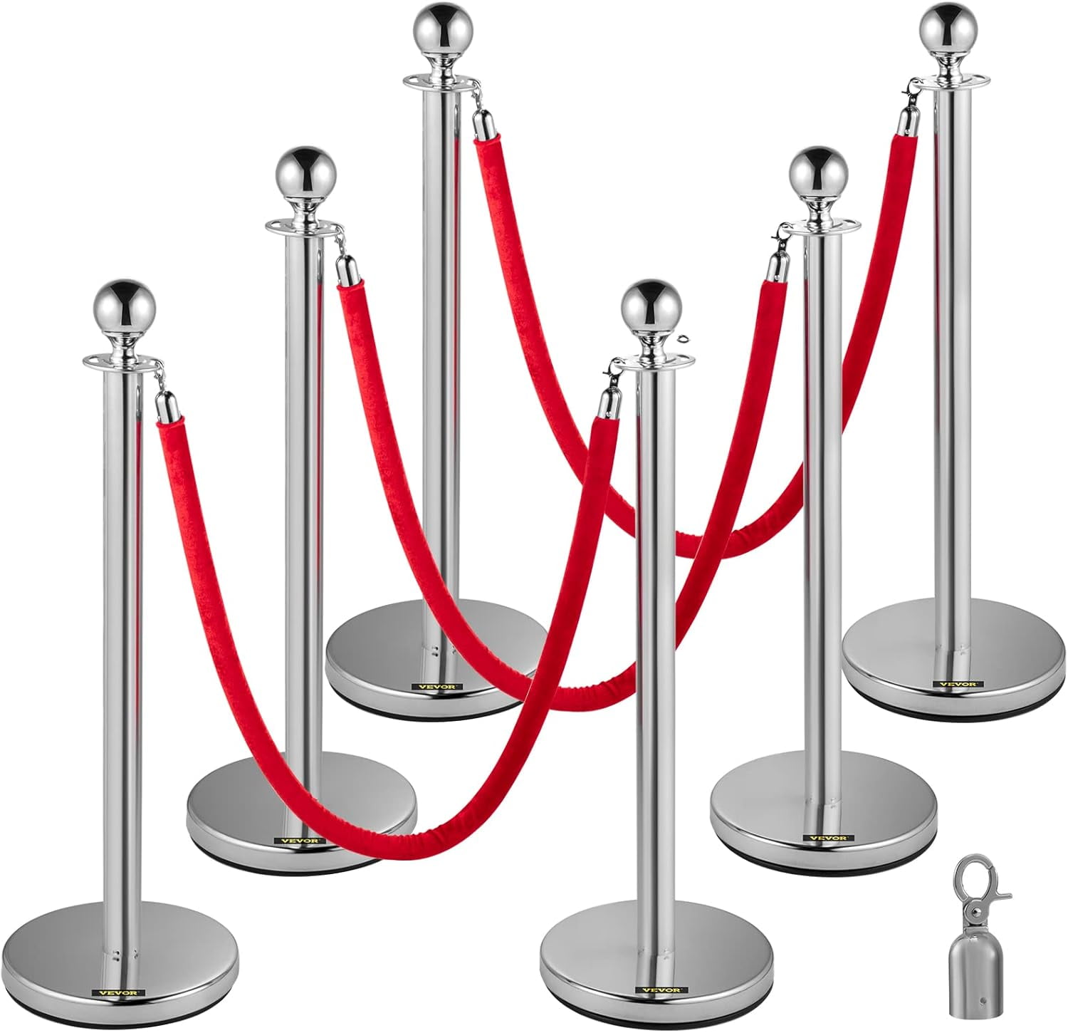6-Pack Stainless Steel Queue Control Posts with 3 Red 5-Foot Velvet ...