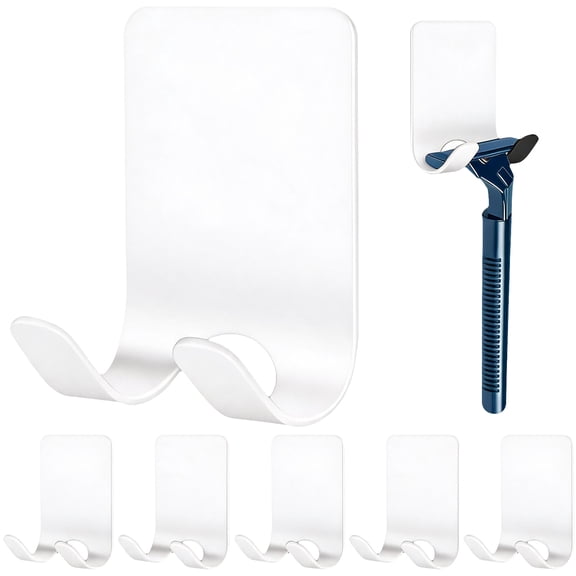 6 Pack Stainless Steel Razor Holder for Shower - Multi-Purpose Hook - Self-Adhesive Bathroom and Kitchen Wall Hook (White)