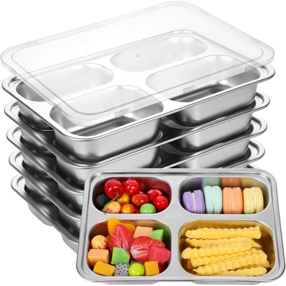 6 Pack Stainless Steel Snack Containers with Lids, 4 Compartments Bento Snack Boxes Portion Control Plate Reusable Lunch Containers Divided Food Storage Container for Office Home Travel