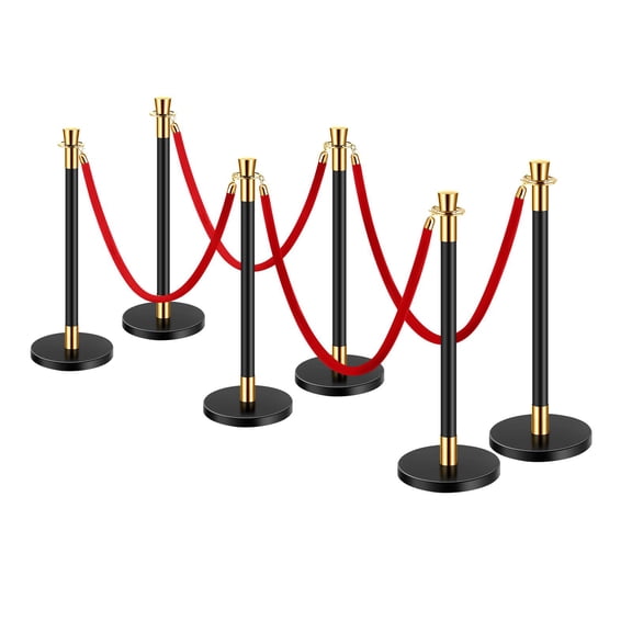 6-Pack Stainless Steel Stanchions with Red Velvet Ropes,Crowd Control Barriers for Events,Weddings,and Theater Queue Management
