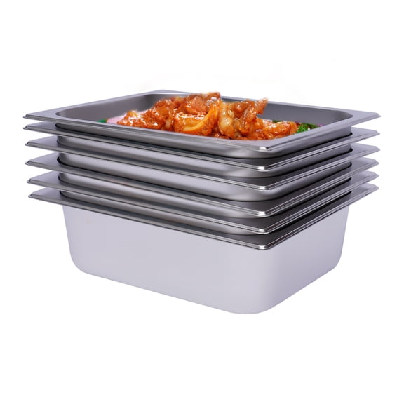 6 Pack Stainless Steel Steam Table Pans, 1/2 Size Deep Food Pan Dishwasher Safe for Buffet Catering Restaurant