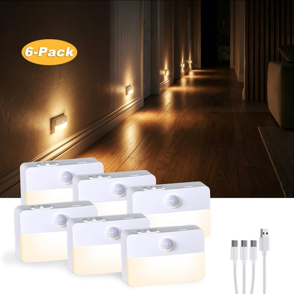 6-Pack Rechargeable LED Night Lights, Motion Sensor Stair Lights indoor, Wireless Wardrobe light for Stair Bedroom Cabinet Hallway