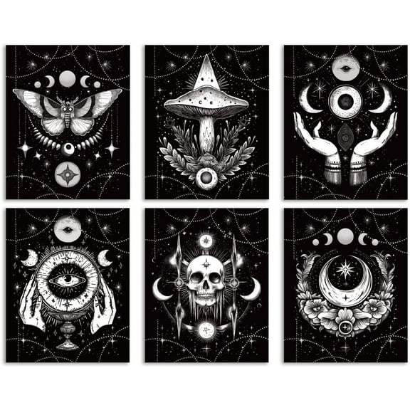6 Pack Stars and Moon Gothic Phases Unframed Waterproof Canvas Wall Art Decor Dark Divination 8" x 10" Canvas Wall Poster for Witchy Home Office Bathrooms Bedrooms Living Room Decor