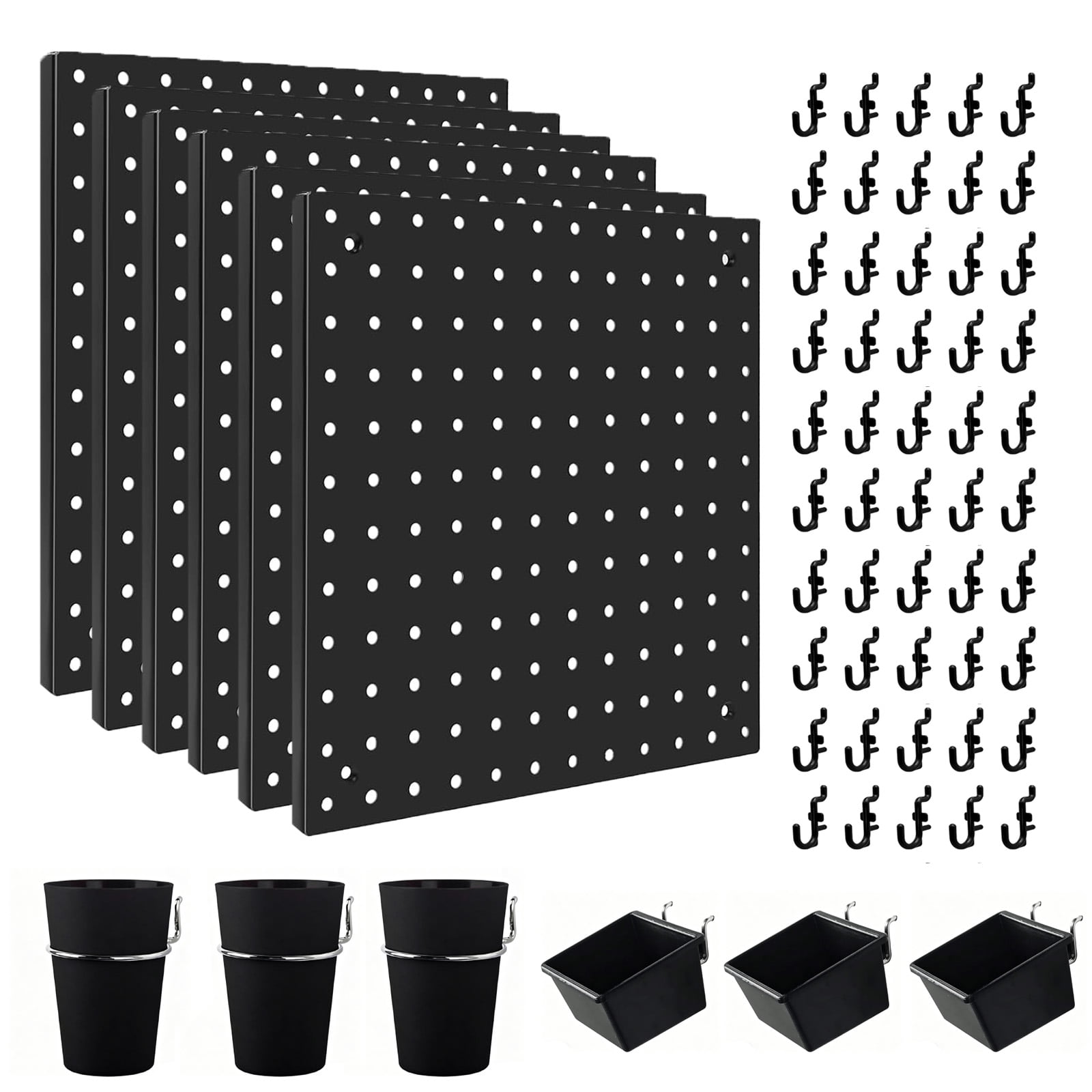 6-Pack Steel Pegboard with 106 Hooks Bins & Locks - Complete Wall Organization Kit 12x12 Inch