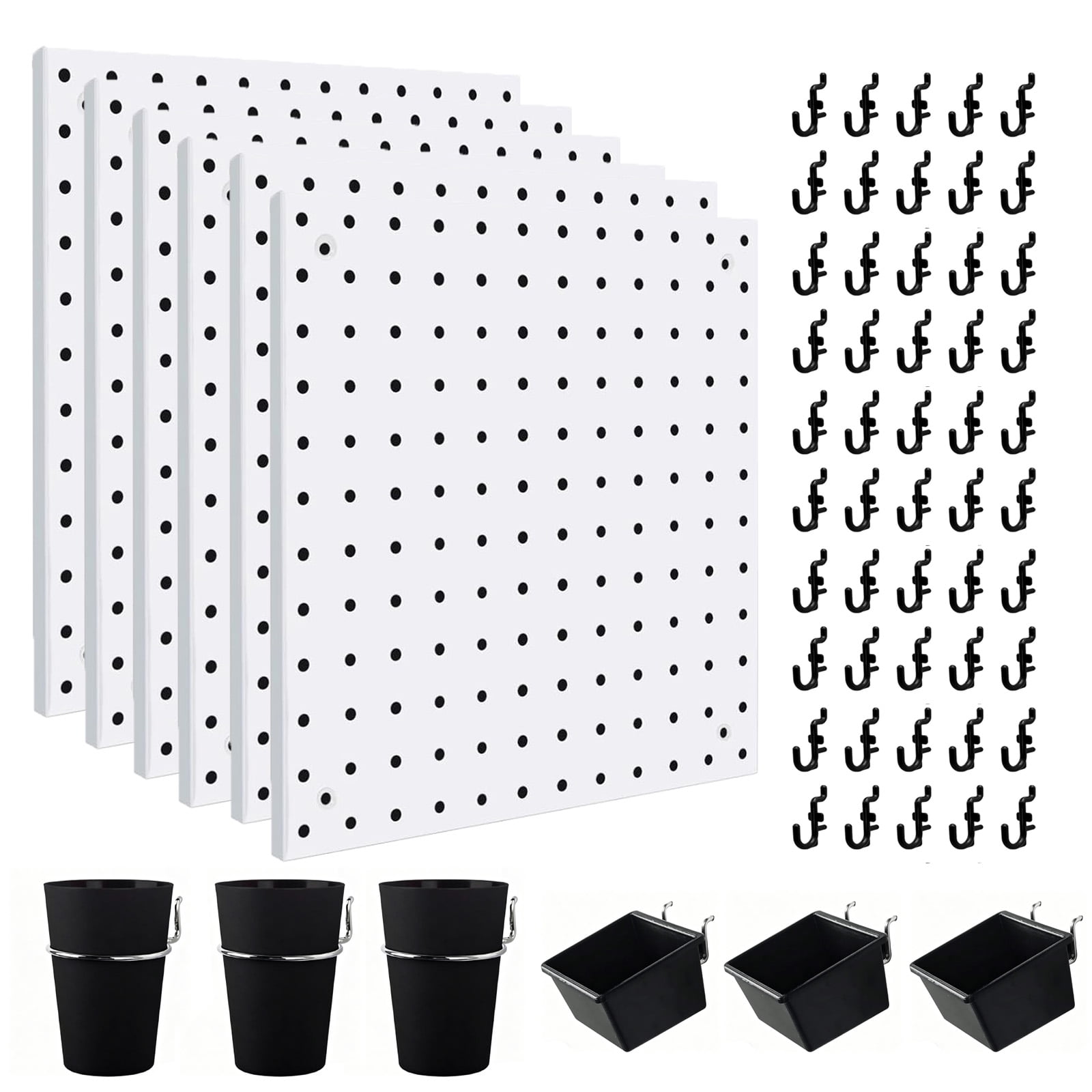 6-Pack Steel Pegboard with 106 Hooks Bins & Locks - Complete Wall Organization Kit 12x12 Inch