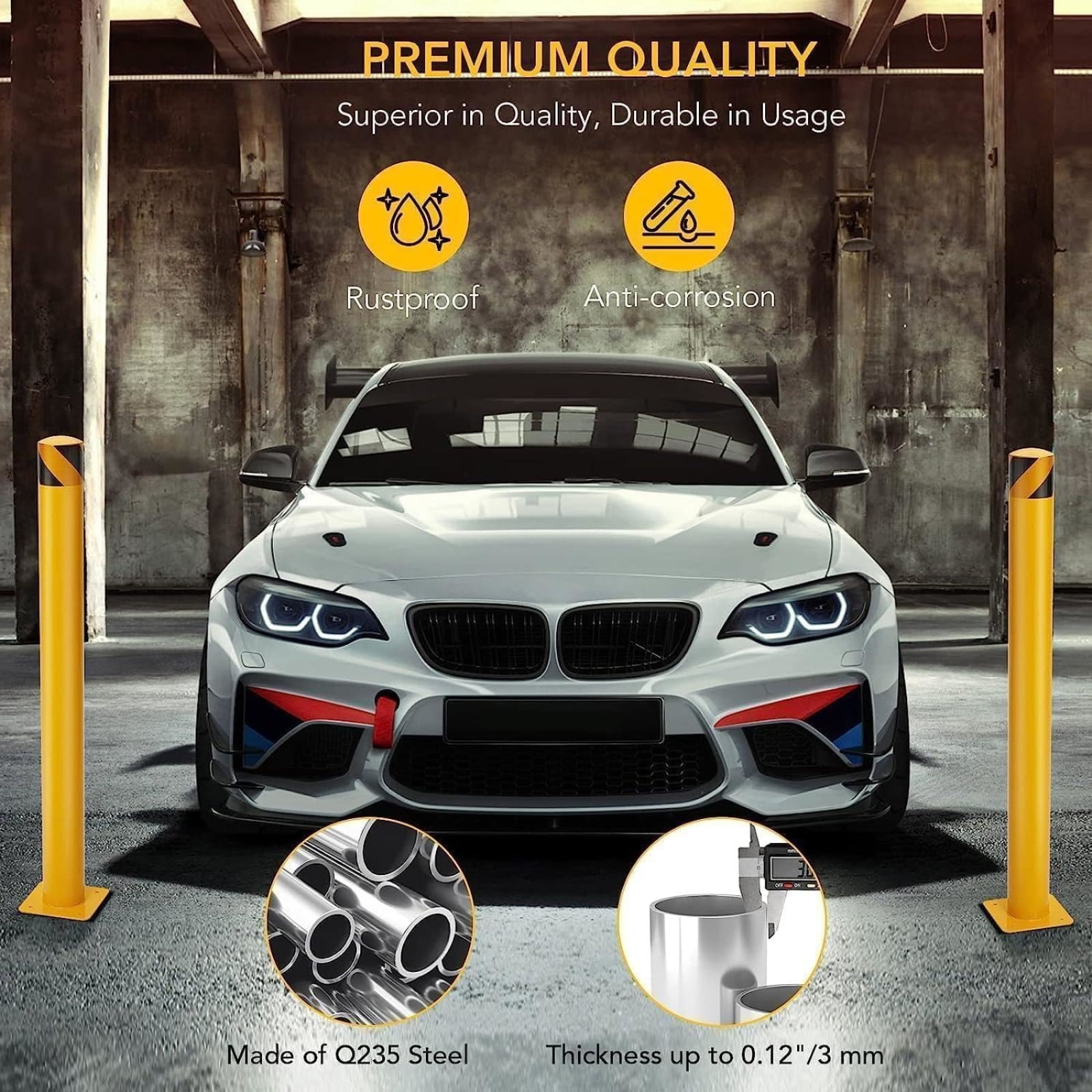 6Pack Steel Safety Bollards 4.5 Inch Diameter with Stable Base Plate